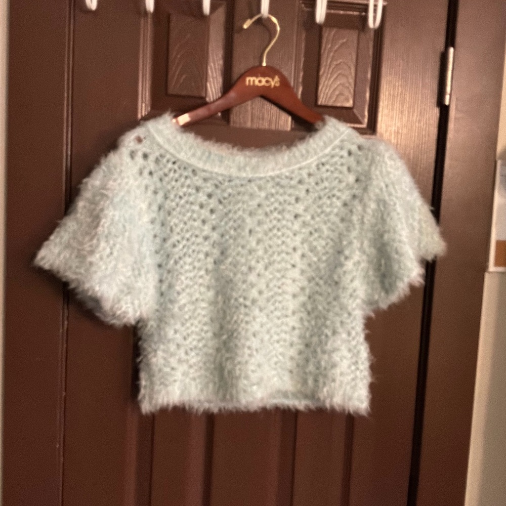 Free People Fuzzy Textured Pullover in Light Blue